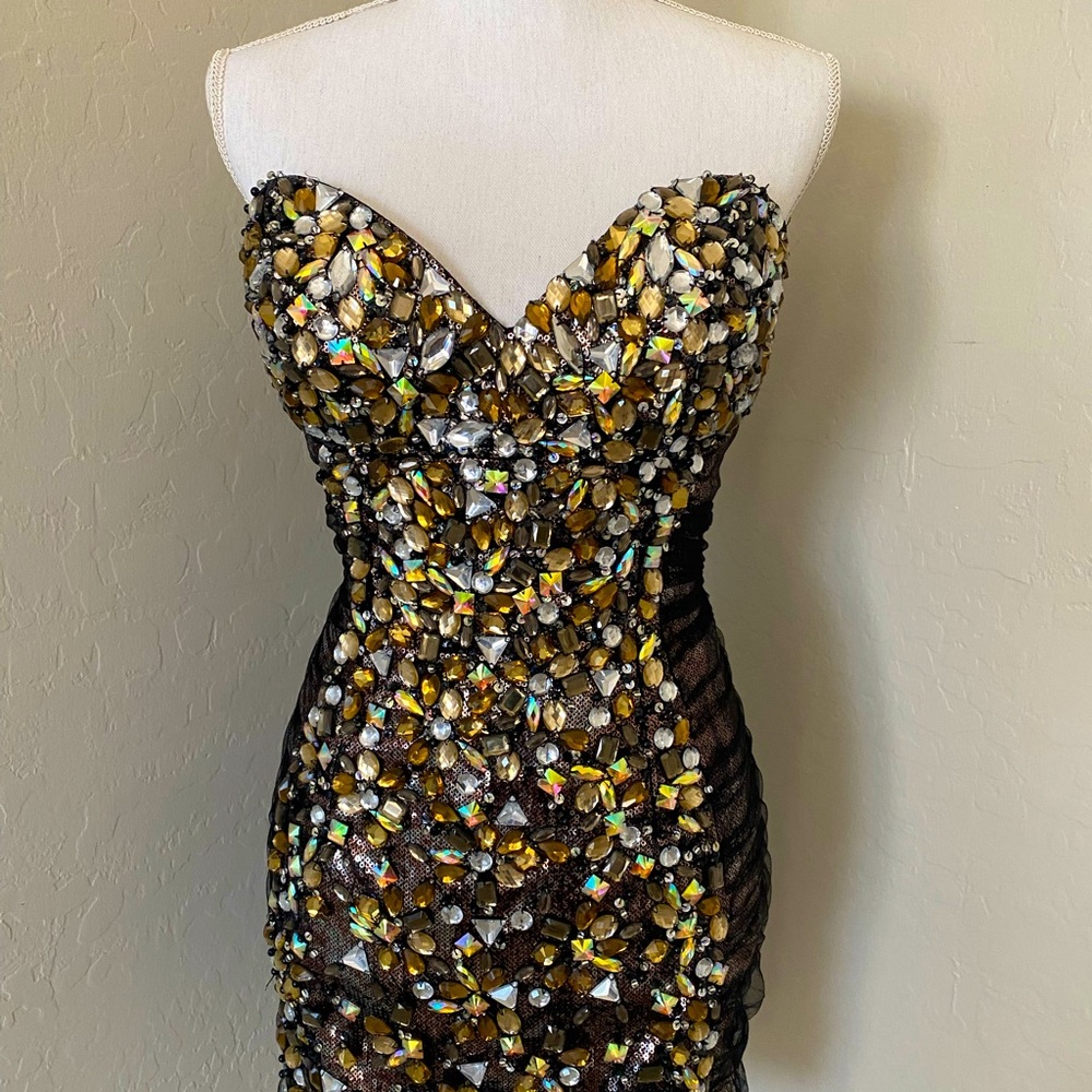 Black rhinestone bodycon short cocktail dress, size 2/4